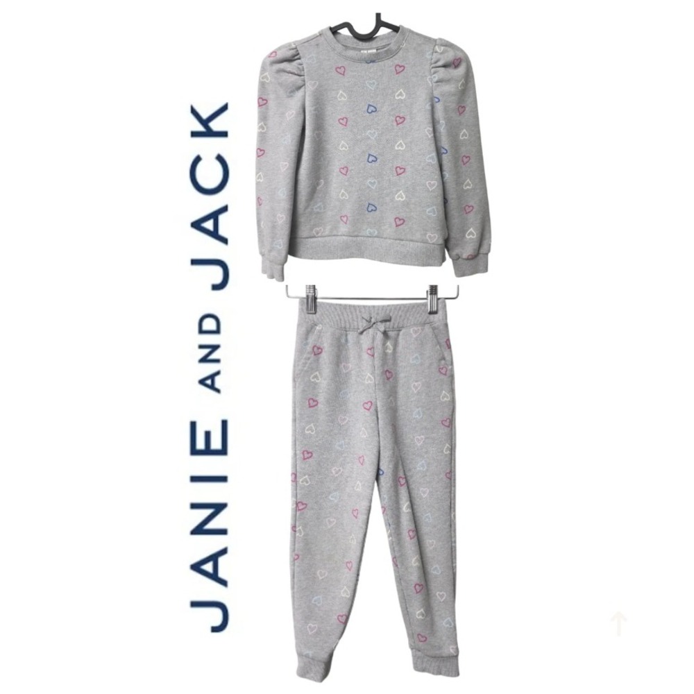 Janie and Jack Sweatshirt Set Girls 7 Gray Heart Print Puff Sleeve Jogger Outfit
